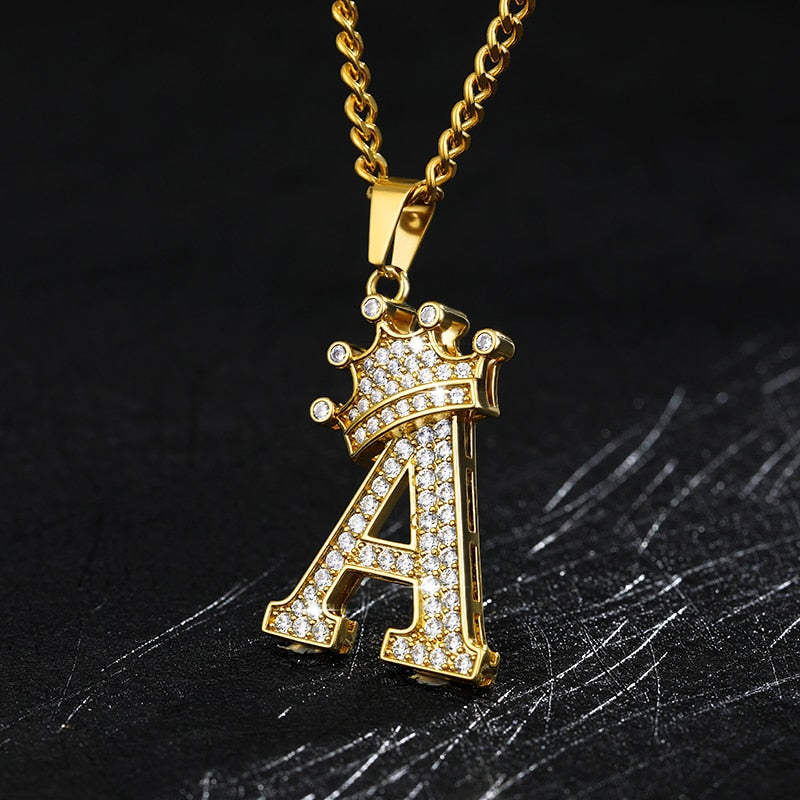 Crown Pendant Stainless Steel Letter Necklace