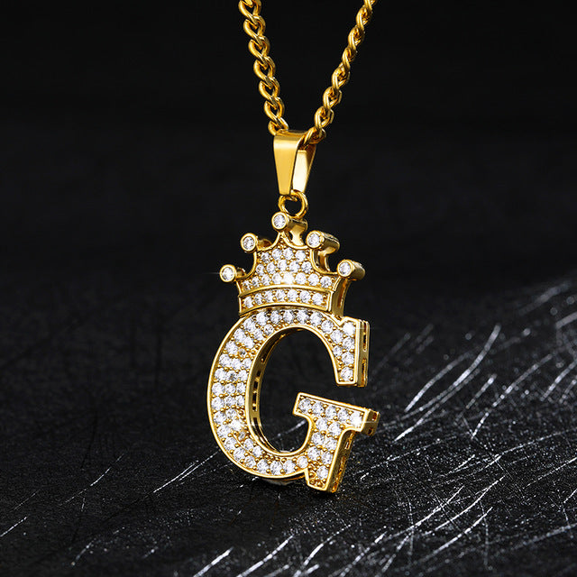 Crown Pendant Stainless Steel Letter Necklace