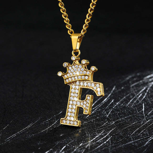 Crown Pendant Stainless Steel Letter Necklace