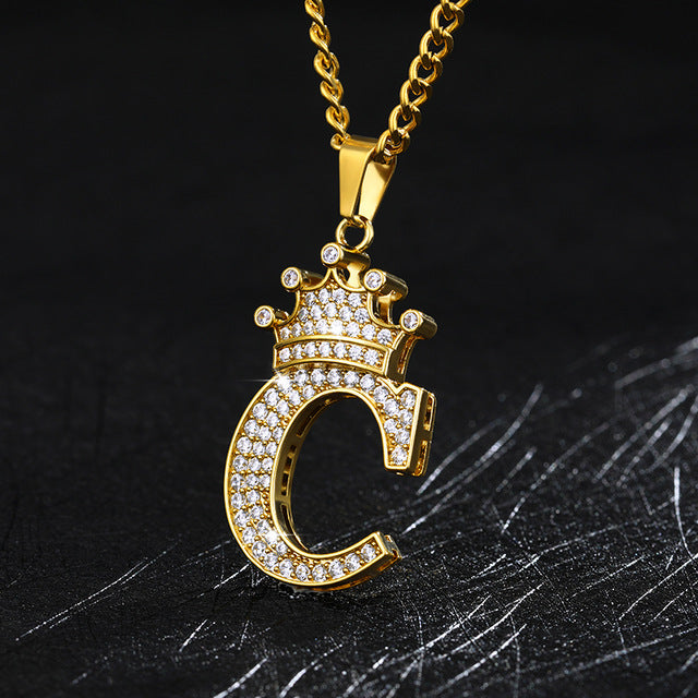 Crown Pendant Stainless Steel Letter Necklace