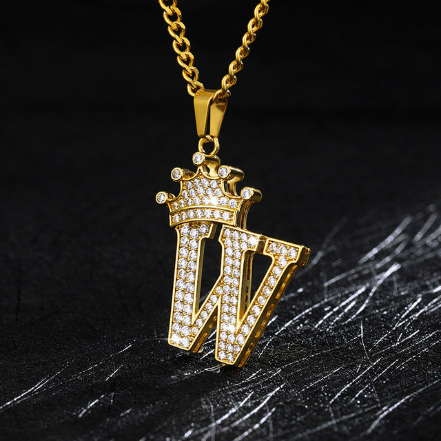 Crown Pendant Stainless Steel Letter Necklace