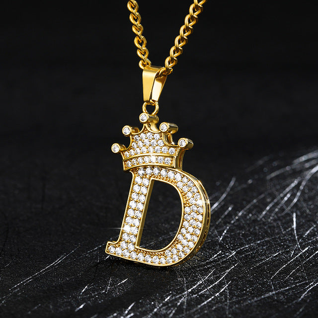 Crown Pendant Stainless Steel Letter Necklace