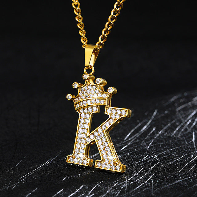 Crown Pendant Stainless Steel Letter Necklace