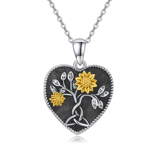 925 Sterling Silver Celtic Tree of Life Sunflower Photo Heart Locket Pendant Necklace That Holds Pictures Jewelry