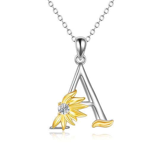 Sterling Silver Initial Alphabet Sunflower A Letter Script Name Pendant Necklace for Women Girls