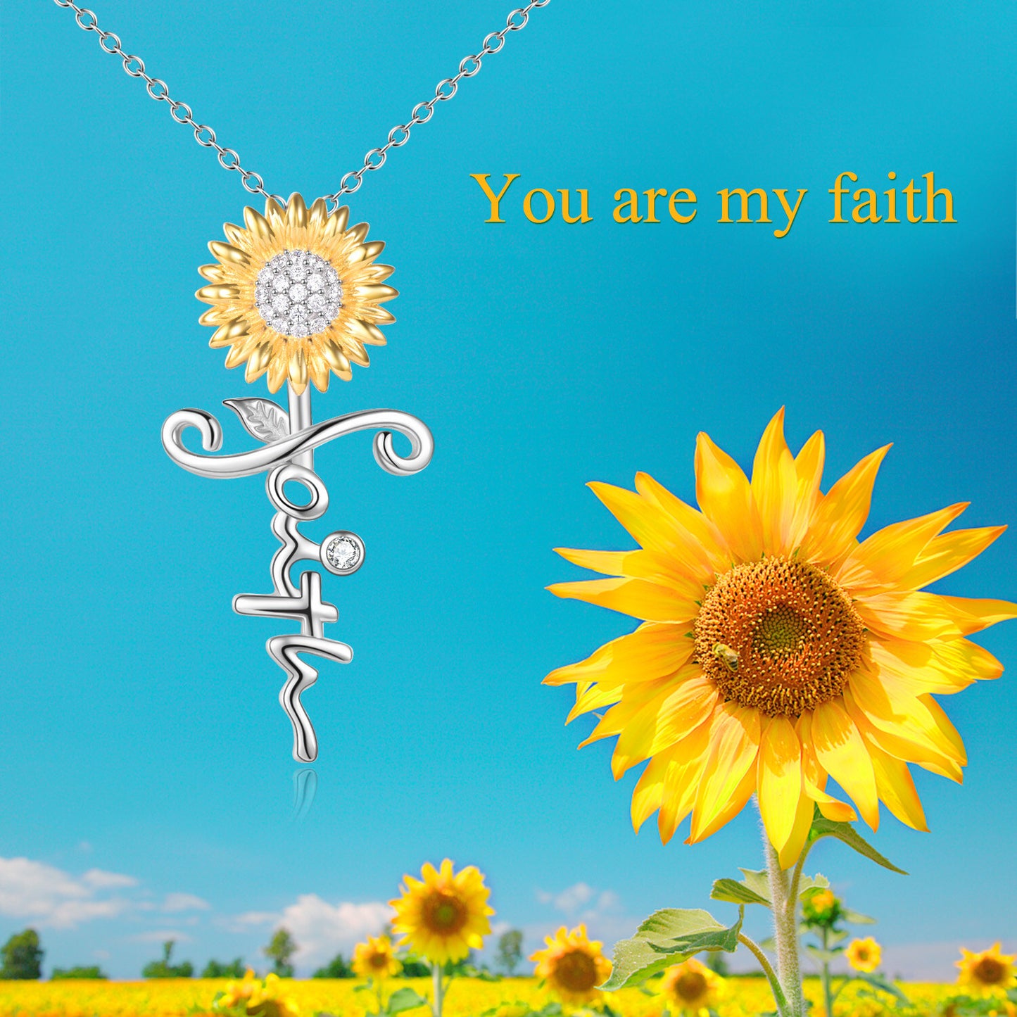 Sterling Silver Sunflower Pendant Zirconia Faith Necklace for Women