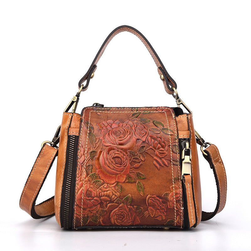 Fashionable Leather Vintage hand embossed handbag with shoulder inclined water bucket