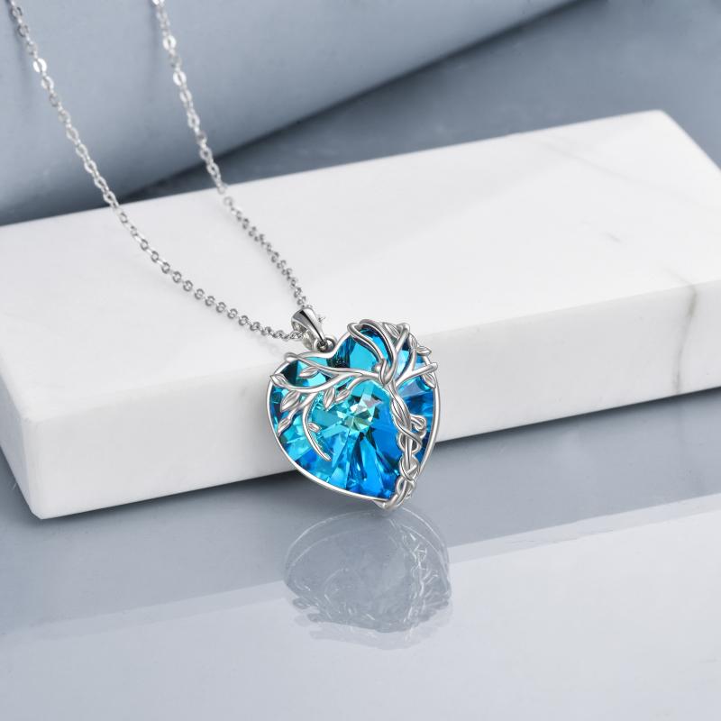 Tree of Life Necklace Sterling Silver Blue Crystal Heart Pendant Jewelry for Women Gifts