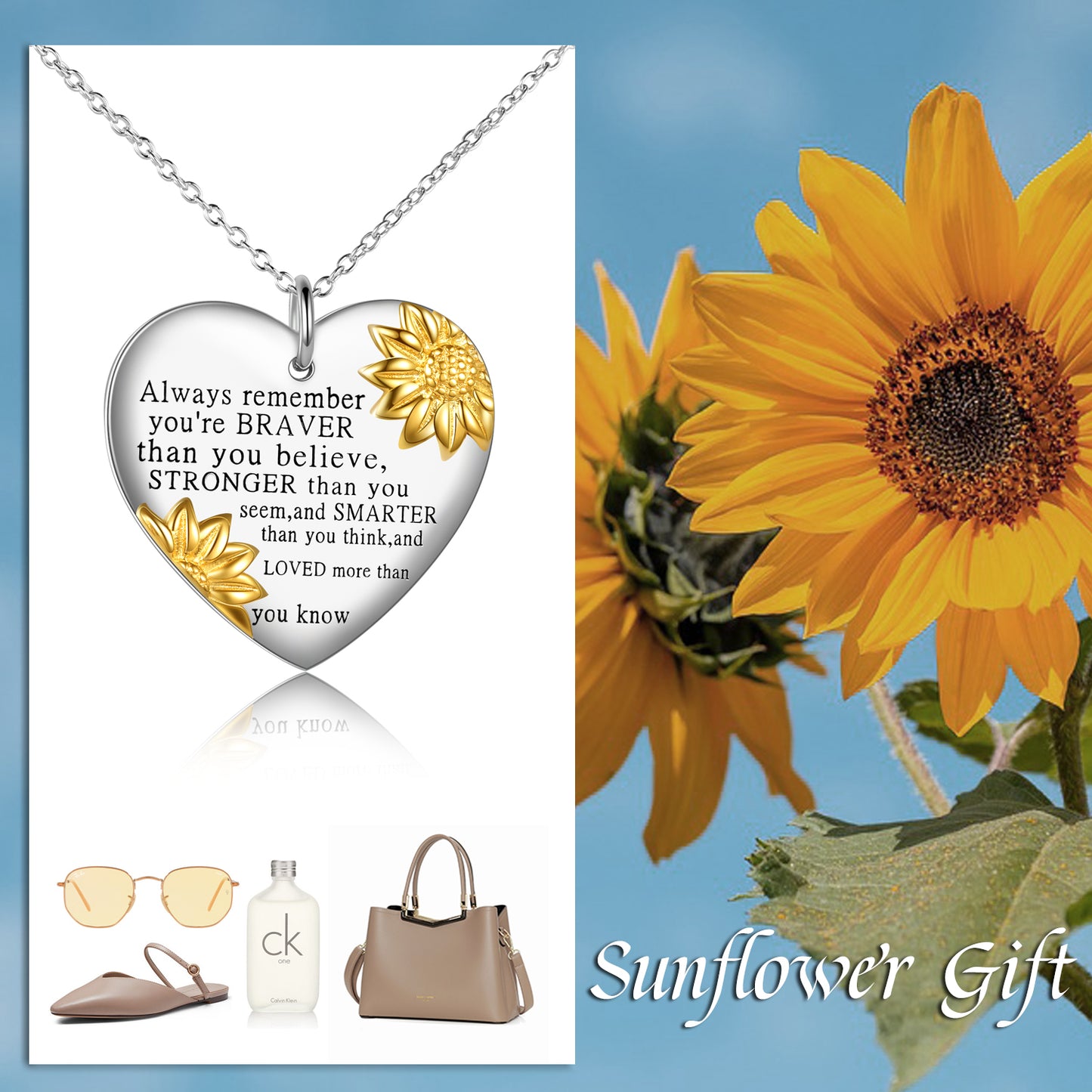 Sterling Silver Sunflower Heart Pendant Engraved Inspirational Necklace for Friends