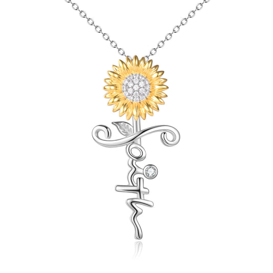 Sterling Silver Sunflower Pendant Zirconia Faith Necklace for Women