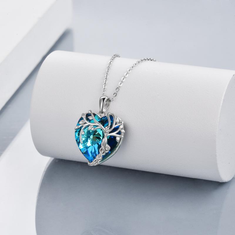 Tree of Life Necklace Sterling Silver Blue Crystal Heart Pendant Jewelry for Women Gifts